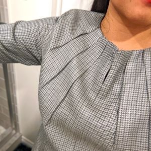 60s-inspired Retro Houndstooth Plaid Grey Long Sleeve Dress Silk/Wool L/XL